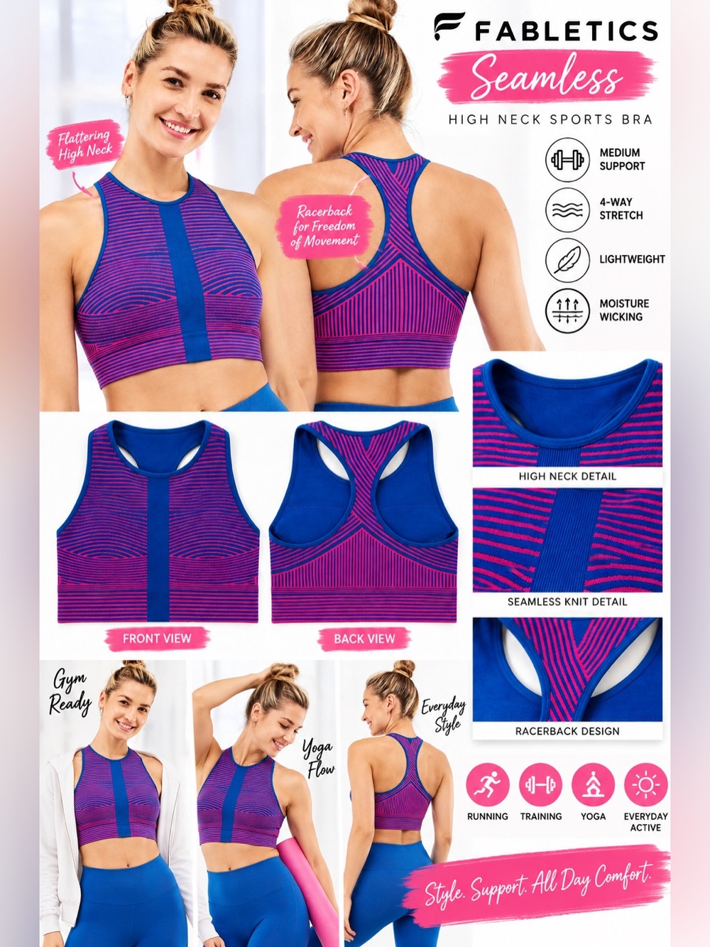 💙 💕Fabletics Cobalt Blue & Hot Pink Striped Racerback Sports Bra — Seamless